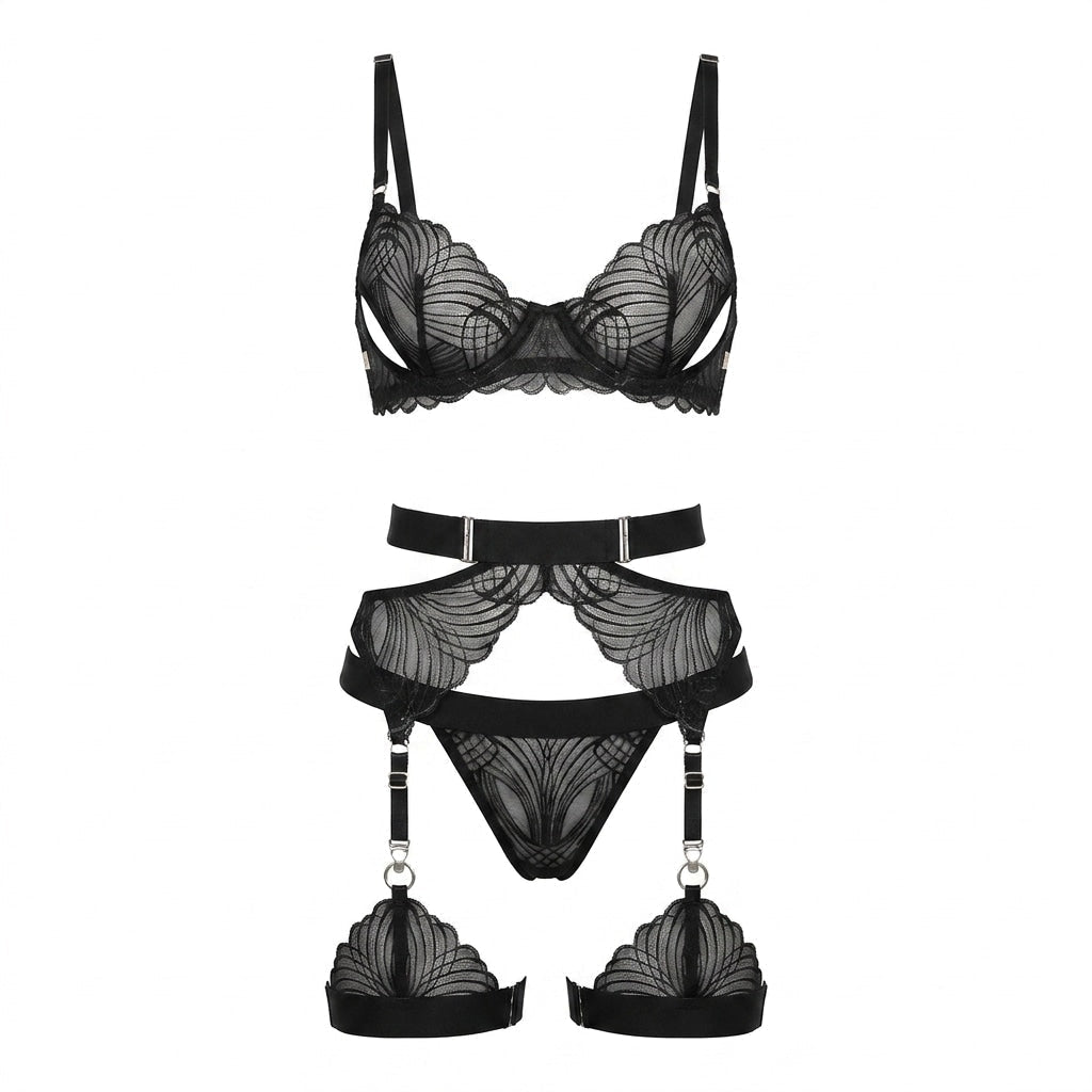 Art Deco Lace Crotchless Four Piece Lingerie Set - AR UNIVERSALAR UNIVERSALLingerie Sets