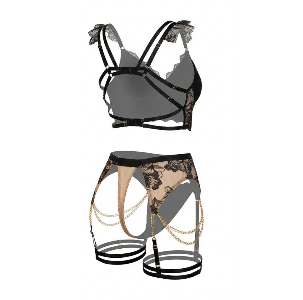 Embroidered Bra Suspender Belt And G - String Set - AR UNIVERSALghntshLingerie Set