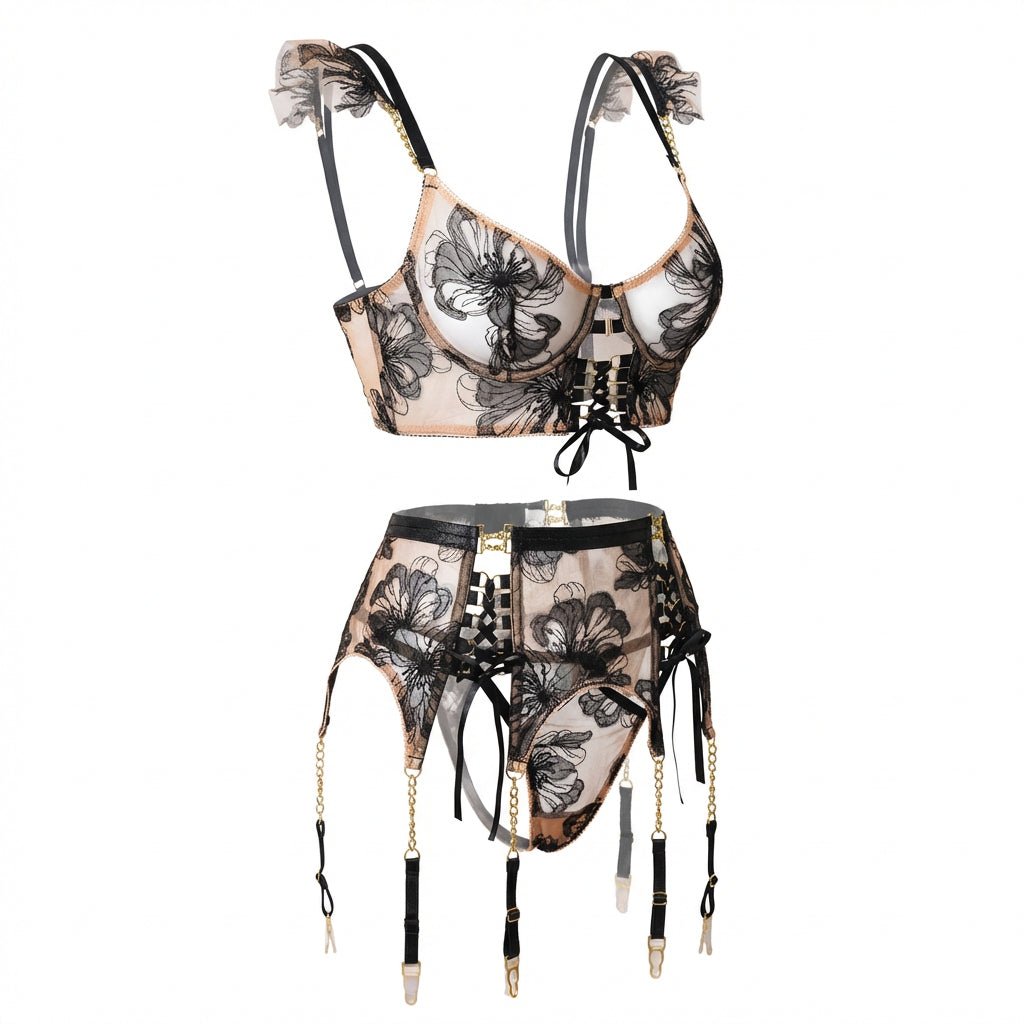 Embroidered Bra Suspender Belt And G - String Set - AR UNIVERSALghntshLingerie Set