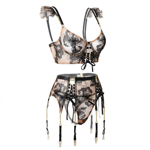 Embroidered Bra Suspender Belt And G - String Set - AR UNIVERSALghntshLingerie Set