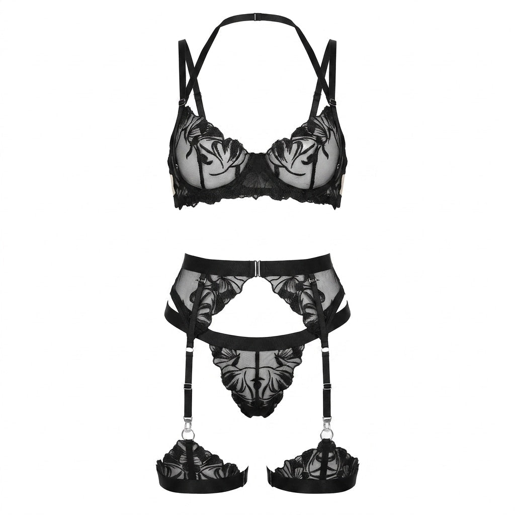 Embroidered Floral Crotchless Four Piece Lingerie Set - AR UNIVERSALAR UNIVERSALLingerie Sets