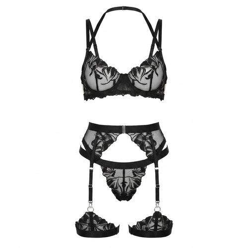 Embroidered Floral Crotchless Four Piece Lingerie Set - AR UNIVERSALAR UNIVERSALLingerie Sets