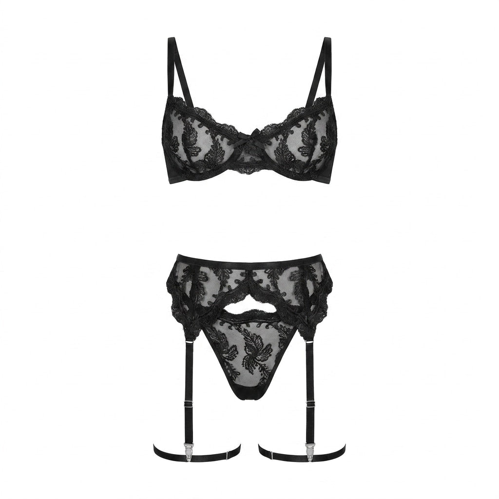 Embroidered Lace Bra Garter Belt Thong Set - AR UNIVERSALAR UNIVERSALLingerie Sets