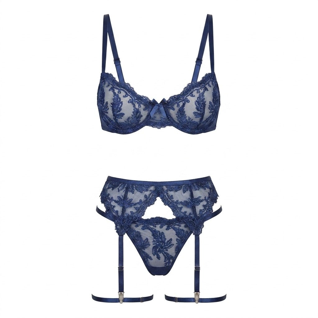 Embroidered Lace Bra Garter Belt Thong Set - AR UNIVERSALAR UNIVERSALLingerie Sets