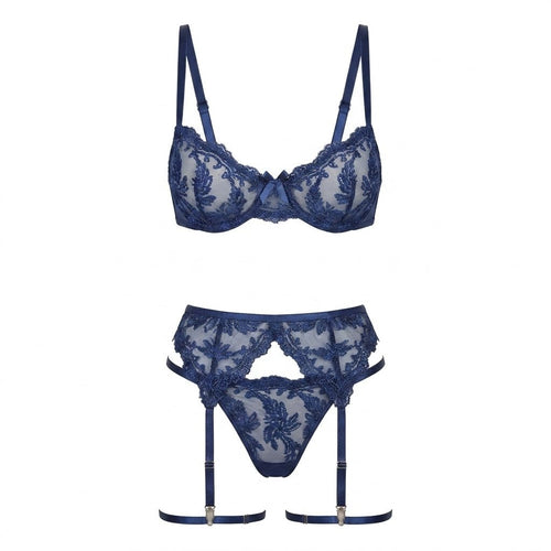 Embroidered Lace Bra Garter Belt Thong Set - AR UNIVERSALAR UNIVERSALLingerie Sets
