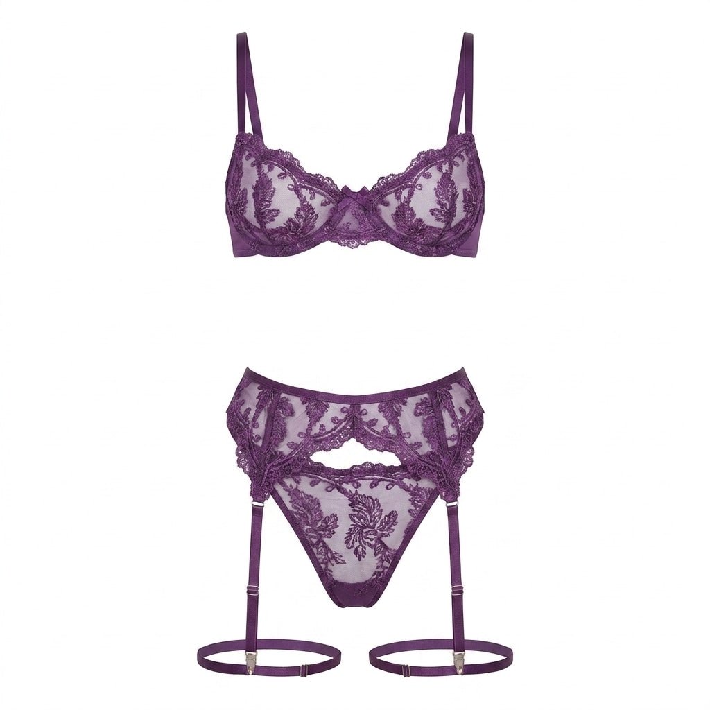 Embroidered Lace Bra Garter Belt Thong Set - AR UNIVERSALAR UNIVERSALLingerie Sets