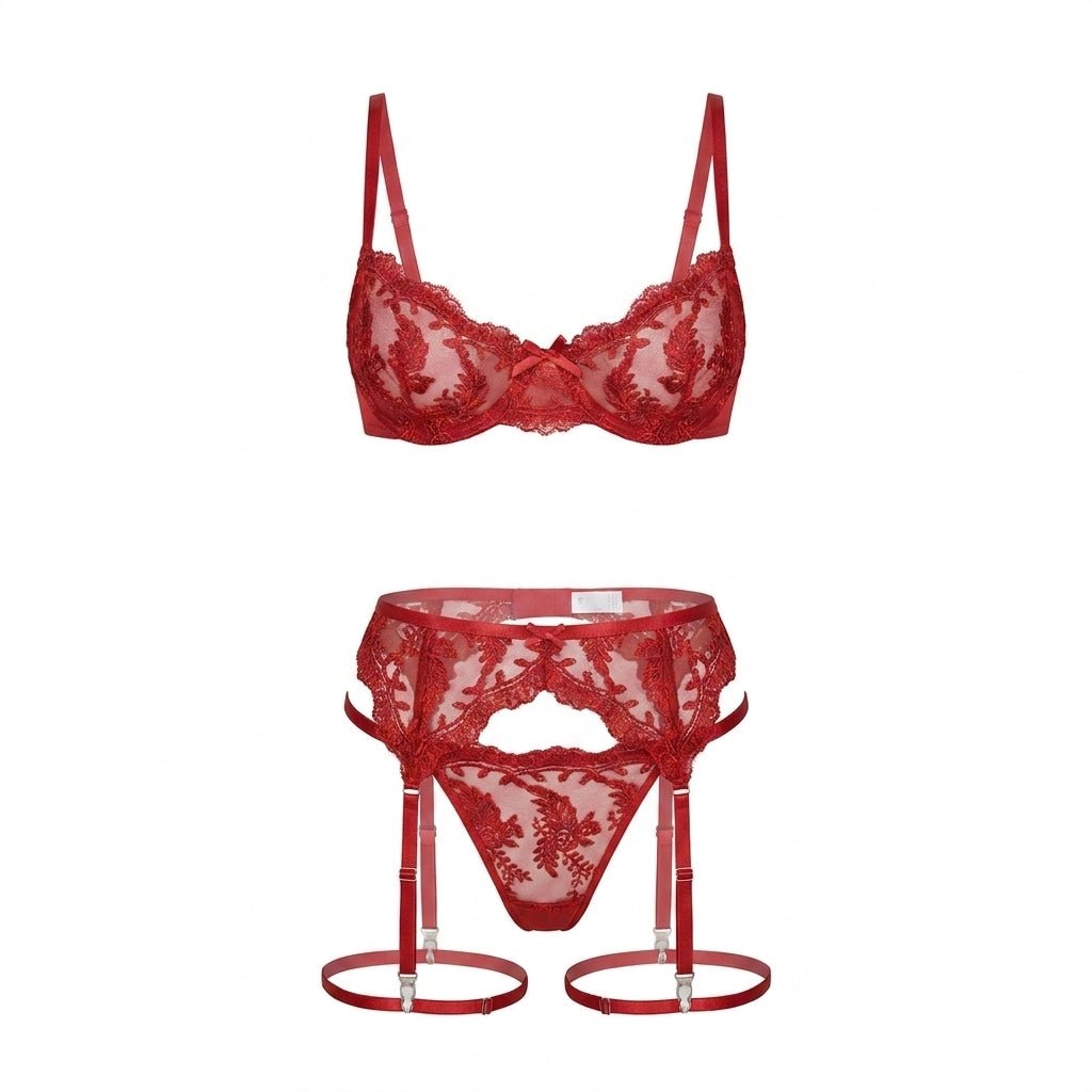 Embroidered Lace Bra Garter Belt Thong Set - AR UNIVERSALAR UNIVERSALLingerie Sets
