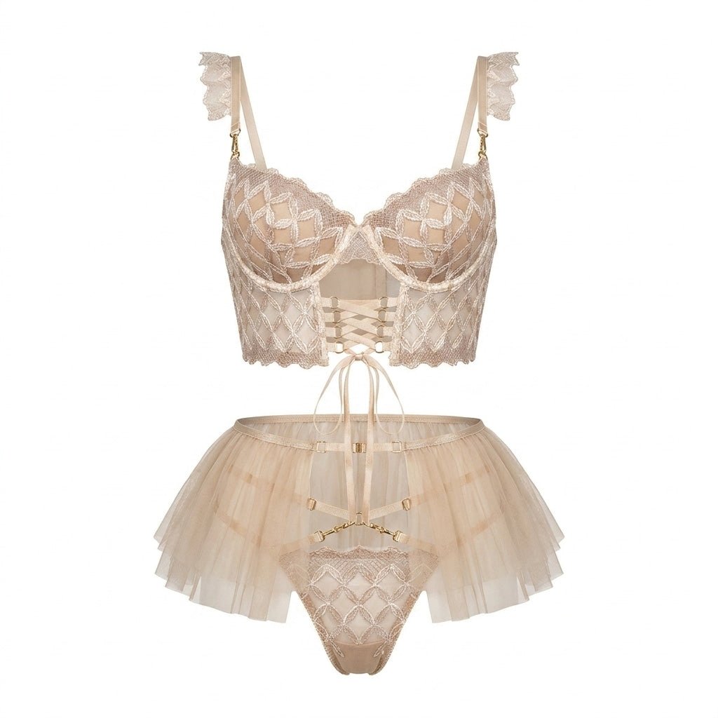 Embroidered Lace Corset Garter Belt 3 Piece Set - AR UNIVERSALAR UNIVERSALLingerie Sets