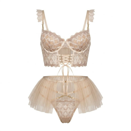 Embroidered Lace Corset Garter Belt 3 Piece Set - AR UNIVERSALAR UNIVERSALLingerie Sets