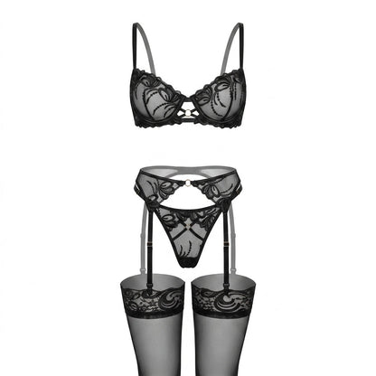 Embroidered Lace Underwired Four Piece Lingerie Set