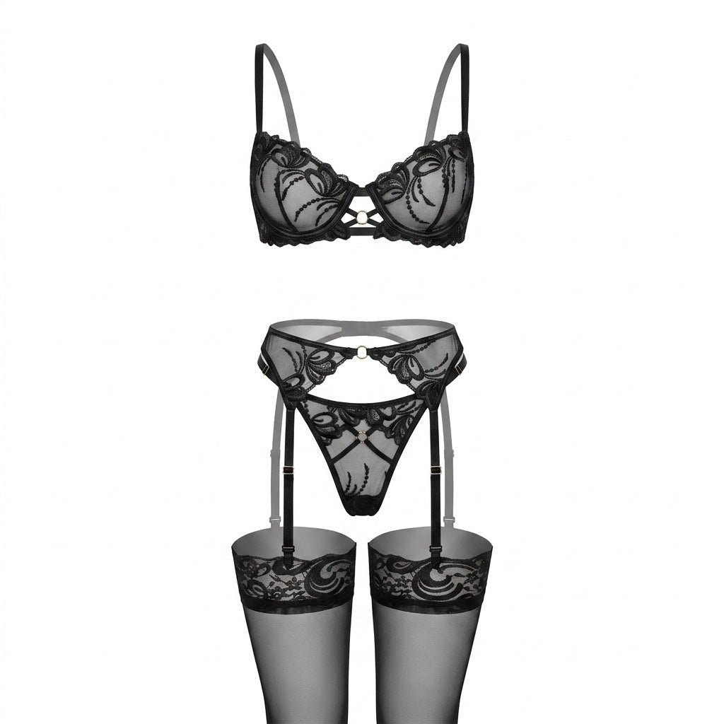 Luxury Lace Lingerie Set: 4-Piece Embroidered Ensemble - AR UNIVERSALghntshLingerie Sets