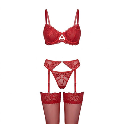Embroidered Lace Underwired Four Piece Lingerie Set