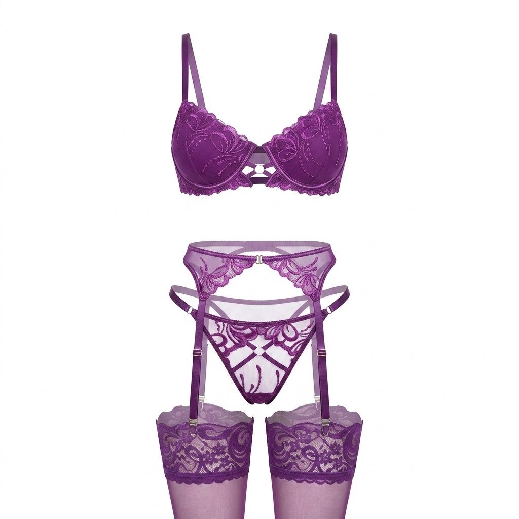 Luxury Lace Lingerie Set: 4-Piece Embroidered Ensemble - AR UNIVERSALghntshLingerie Sets