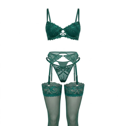Embroidered Lace Underwired Four Piece Lingerie Set