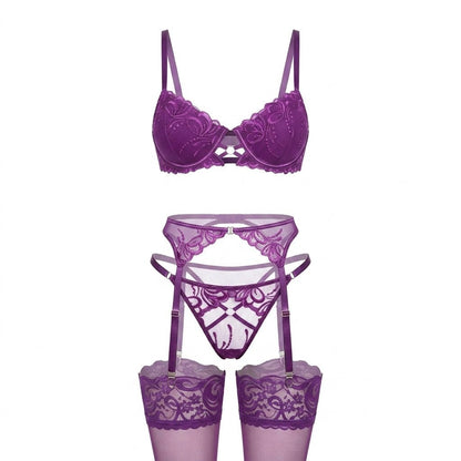 Embroidered Lace Underwired Four Piece Lingerie Set