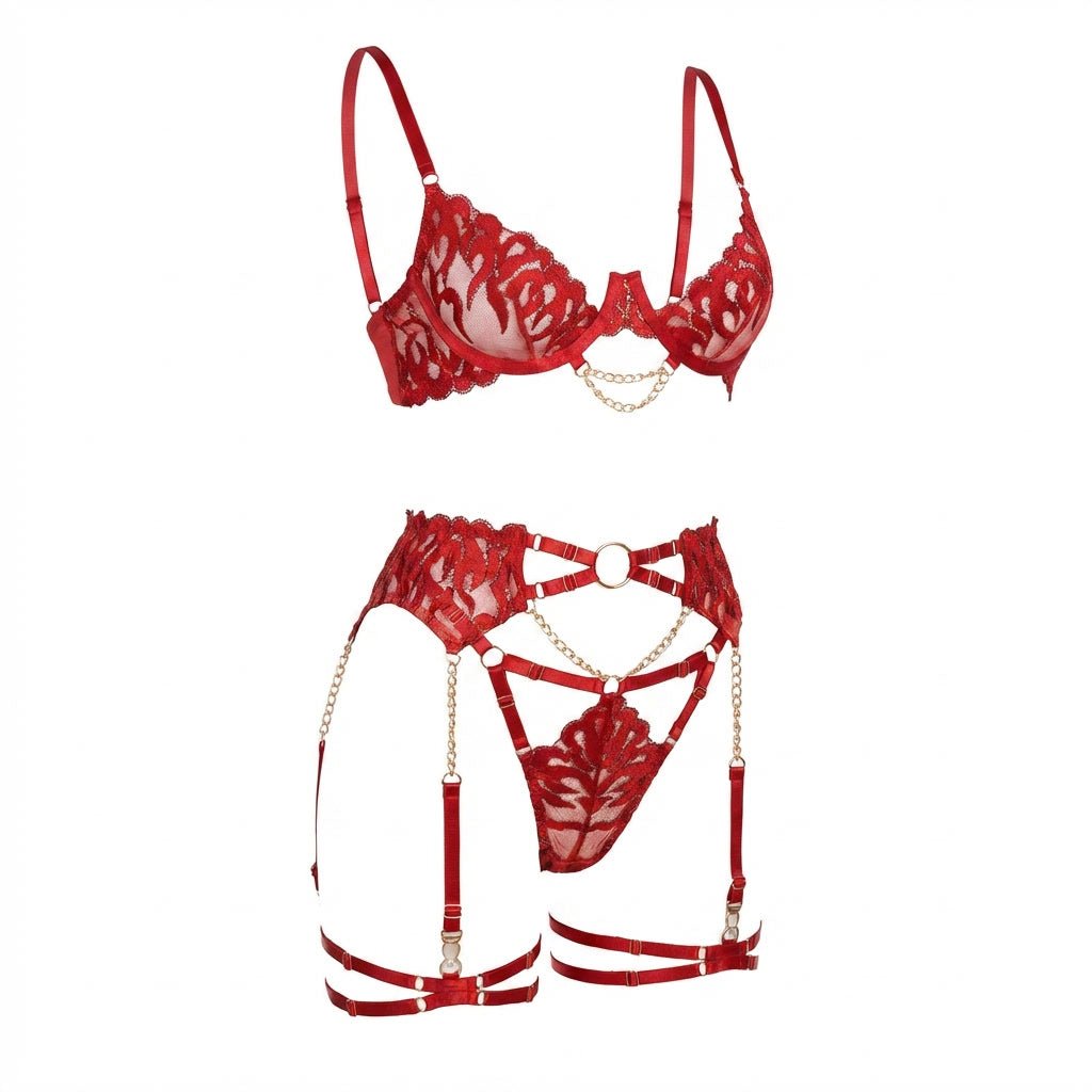 Embroidered Mesh 4 Piece Lingerie Set With Chain - AR UNIVERSALAR UNIVERSALLingerie Sets
