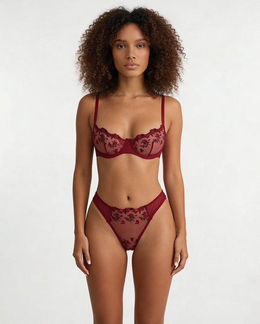 Embroidered Mesh Lingerie Set With Balconette Bra