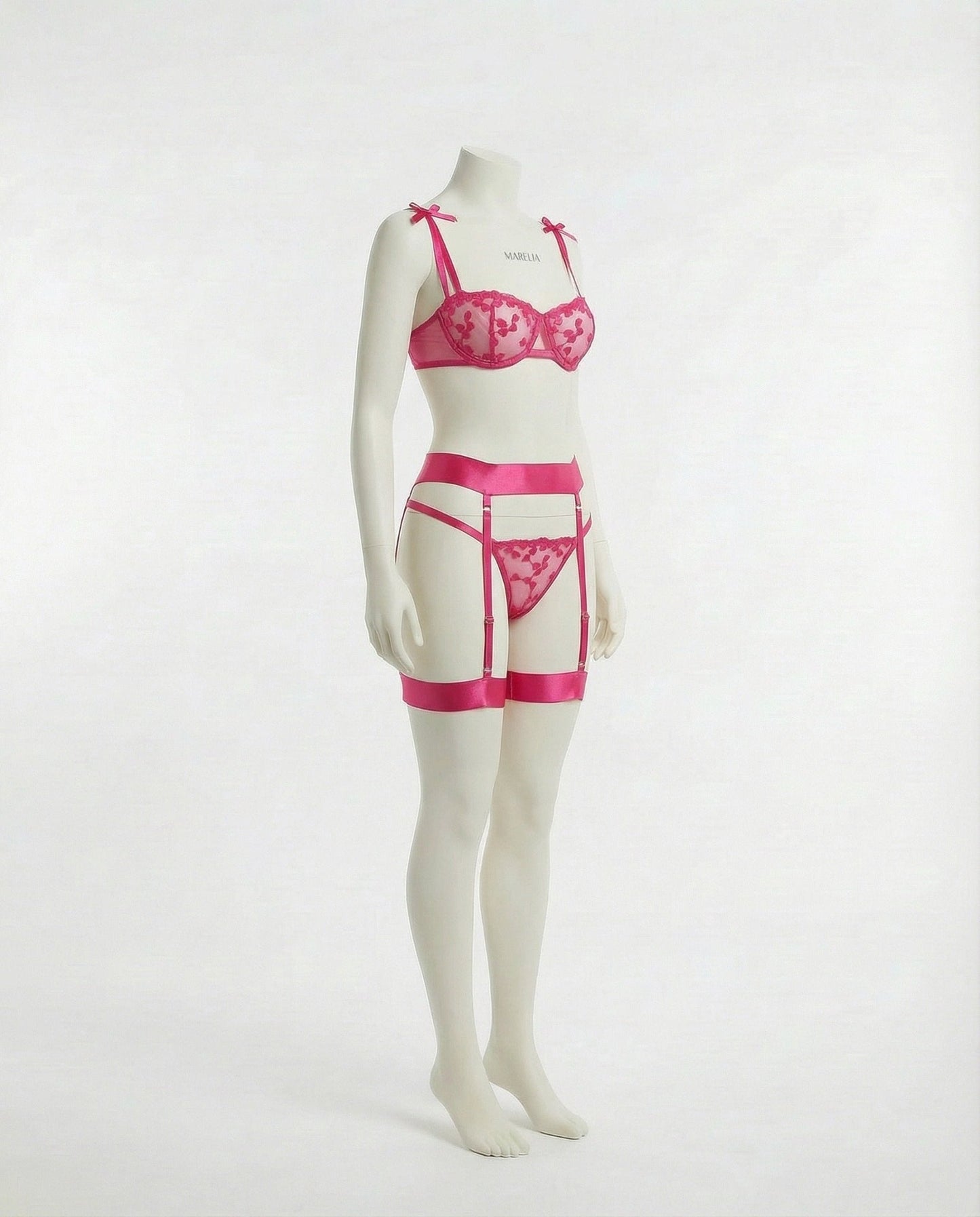 Embroidered Mesh Lingerie Set With Garter Belt