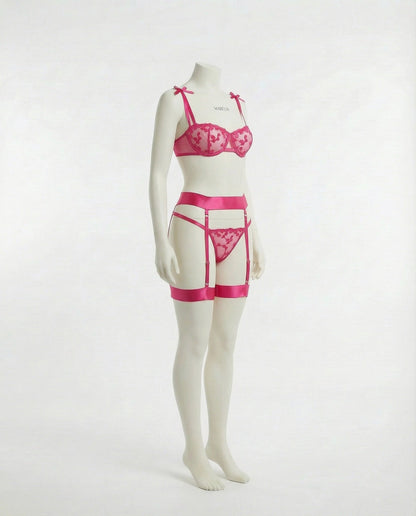 Embroidered Mesh Lingerie Set With Garter Belt