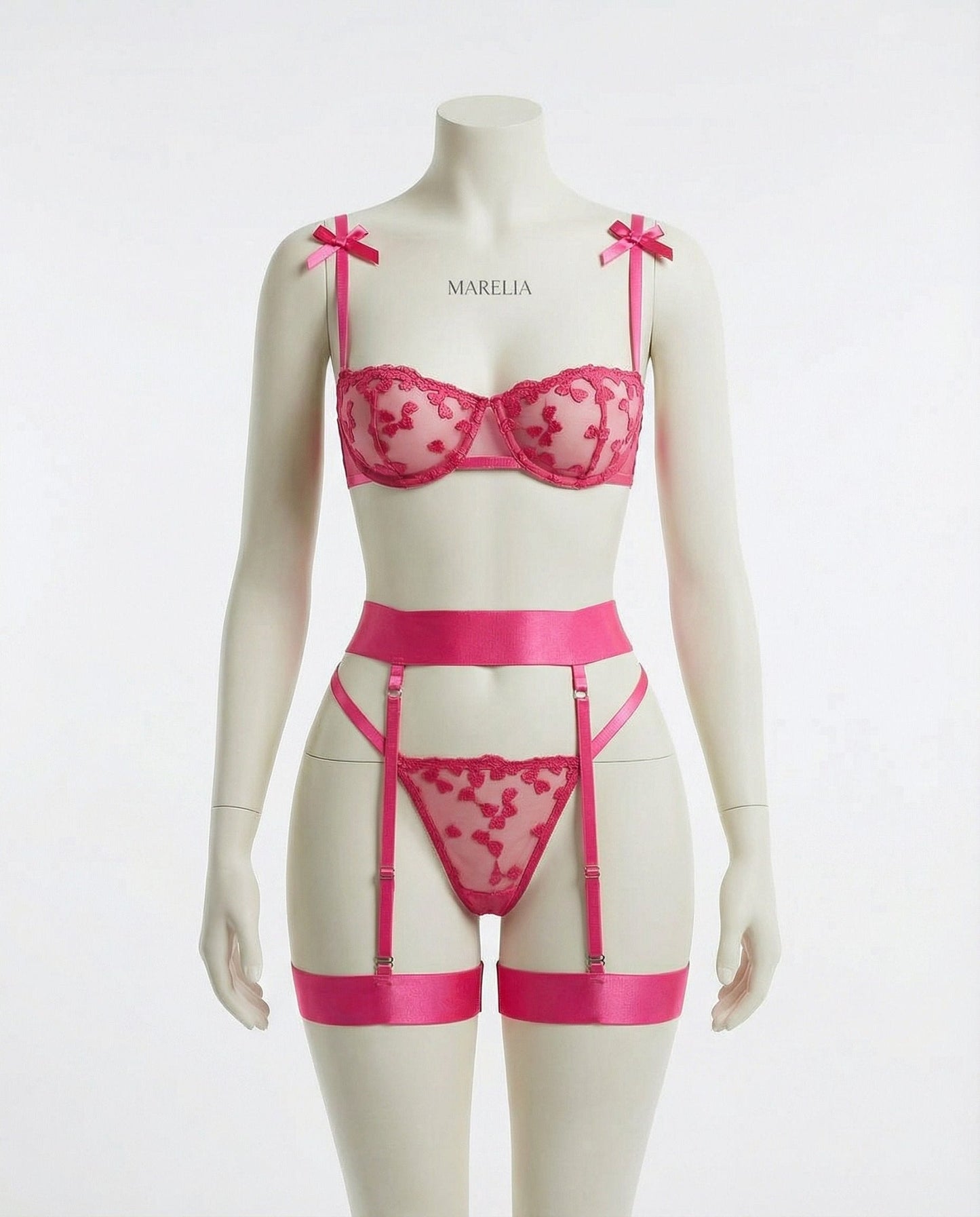 Embroidered Mesh Lingerie Set With Garter Belt