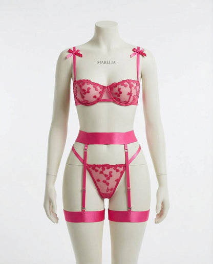 Embroidered Mesh Lingerie Set With Garter Belt