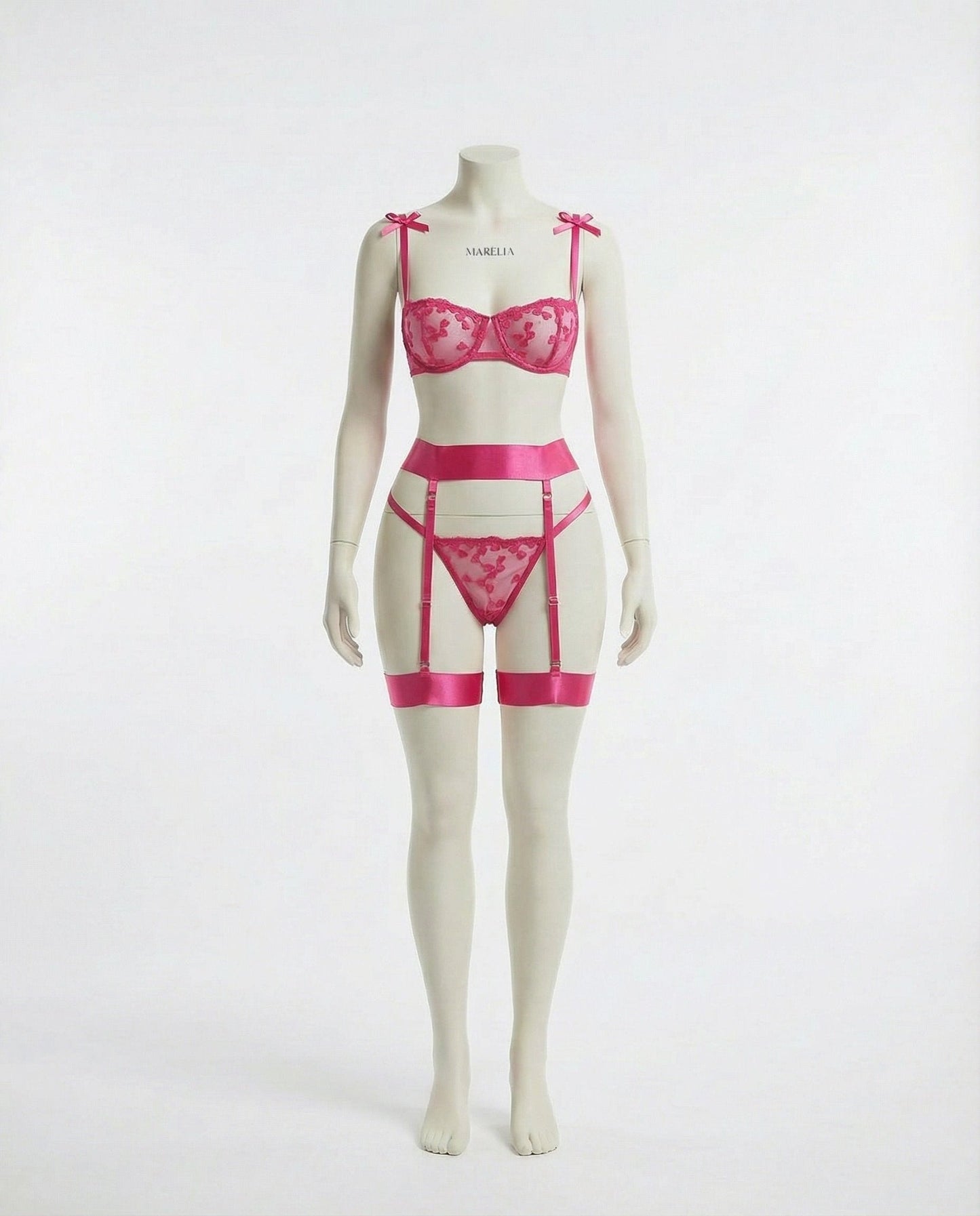 Embroidered Mesh Lingerie Set With Garter Belt