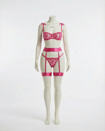 Embroidered Mesh Lingerie Set With Garter Belt