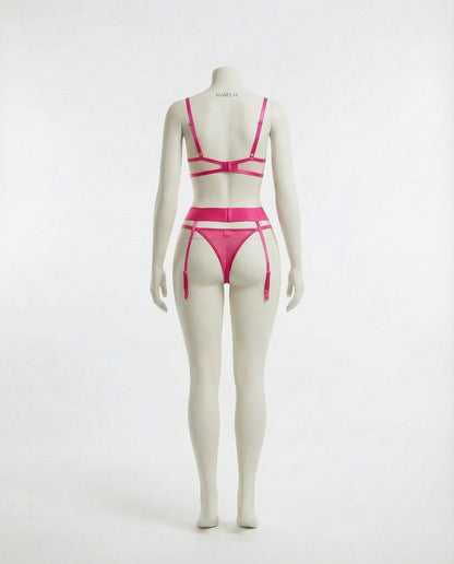 Embroidered Mesh Lingerie Set With Garter Belt