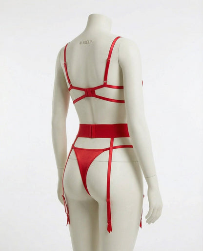 Embroidered Mesh Lingerie Set With Garter Belt