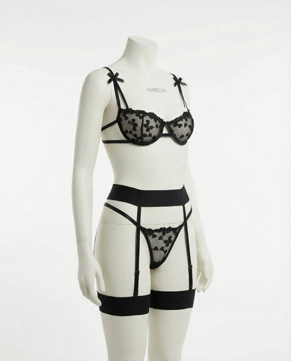 Embroidered Mesh Lingerie Set With Garter Belt
