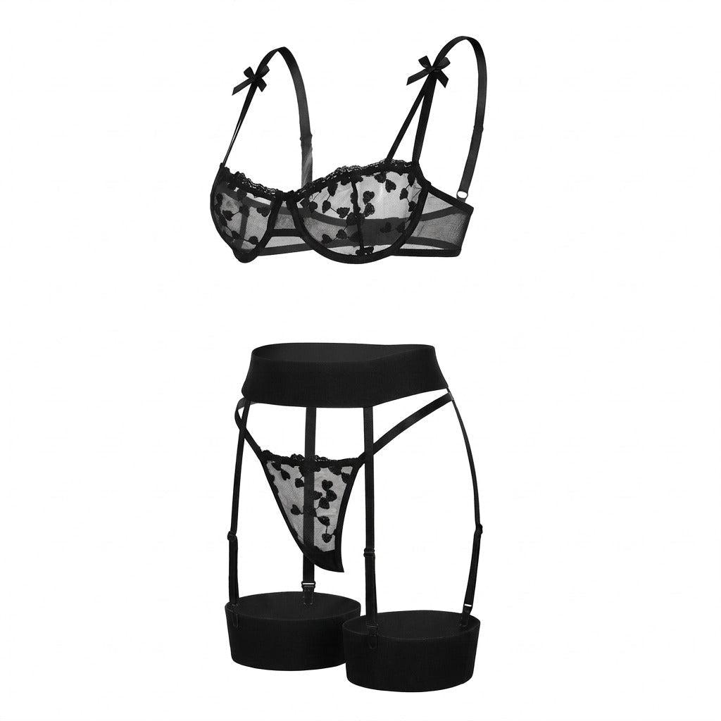 Embroidered Mesh Lingerie Set With Garter Belt - AR UNIVERSALghntshLingerie Set