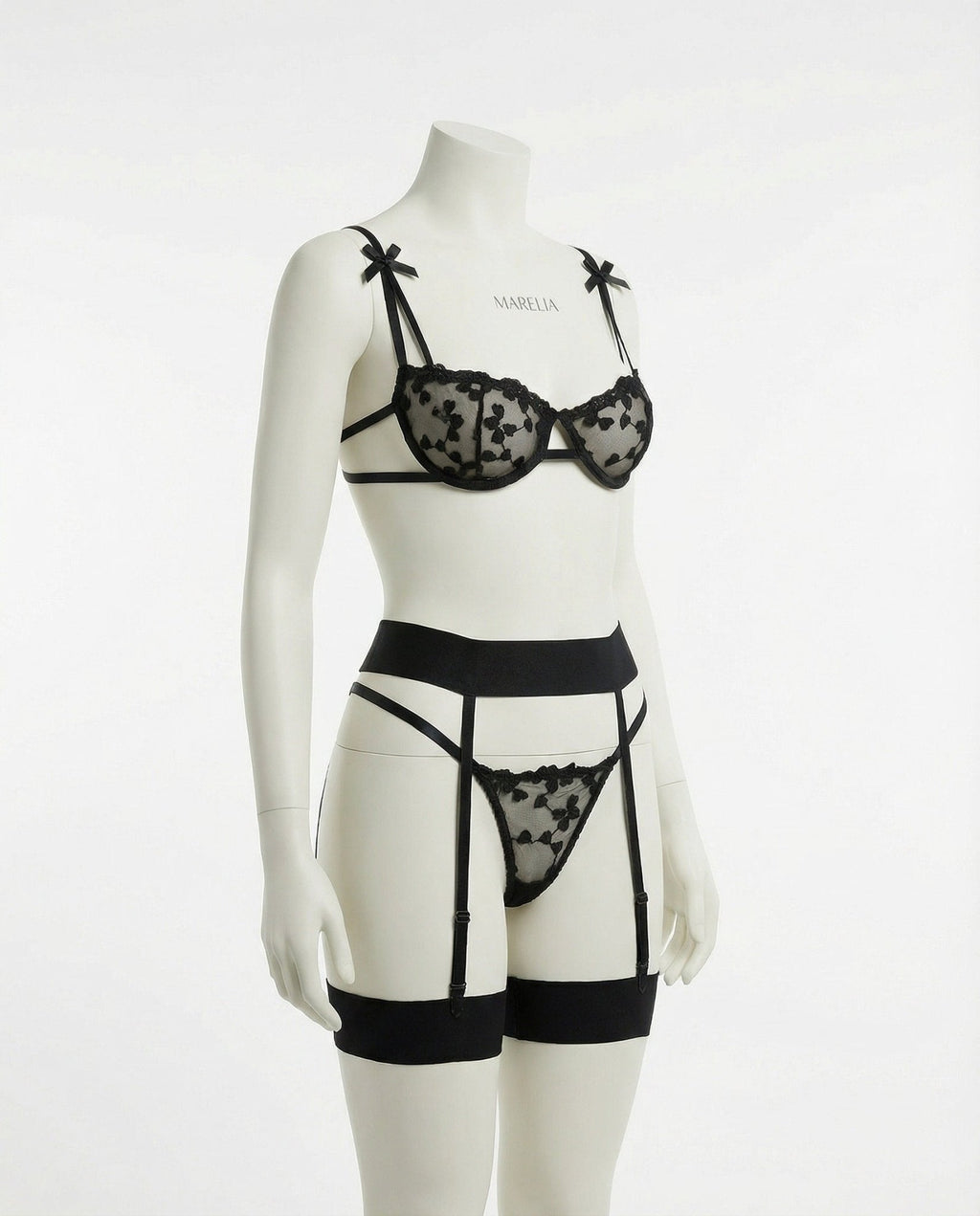 Embroidered Mesh Lingerie Set With Garter Belt - AR UNIVERSALghntshLingerie Set
