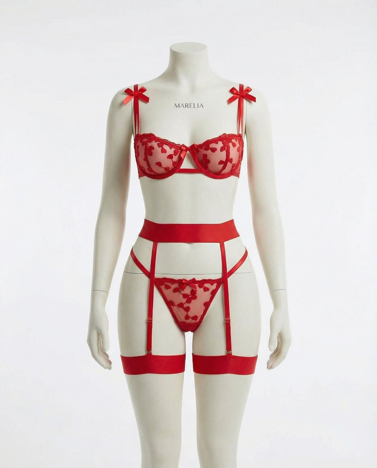 Embroidered Mesh Lingerie Set With Garter Belt