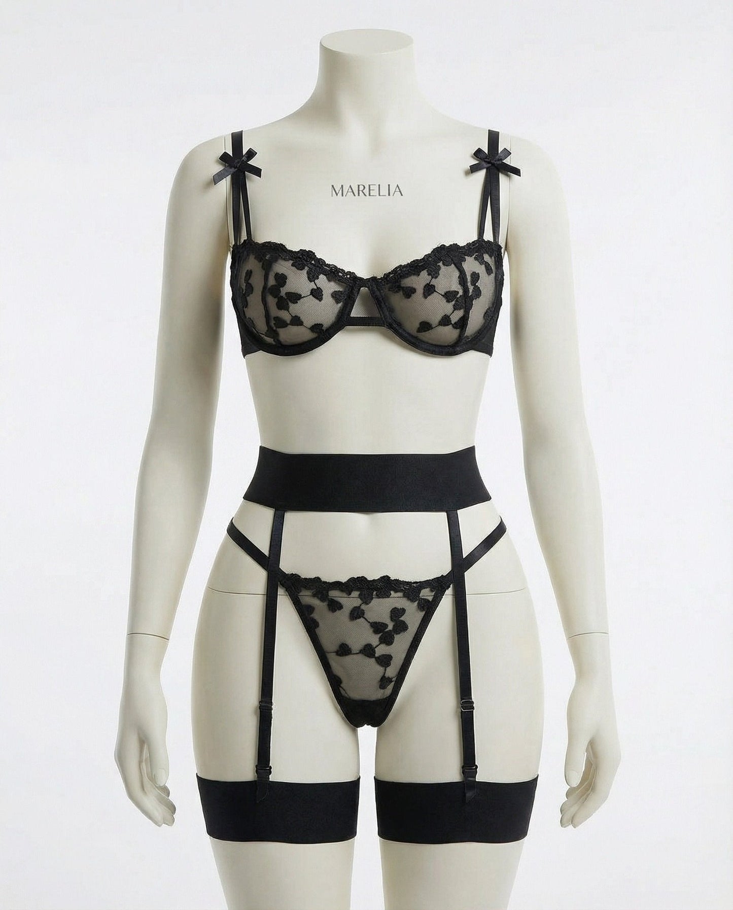 Embroidered Mesh Lingerie Set With Garter Belt