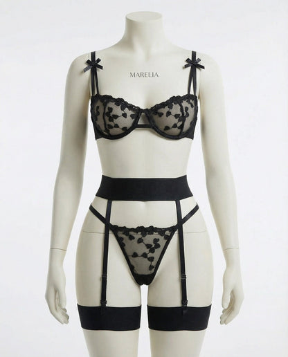 Embroidered Mesh Lingerie Set With Garter Belt