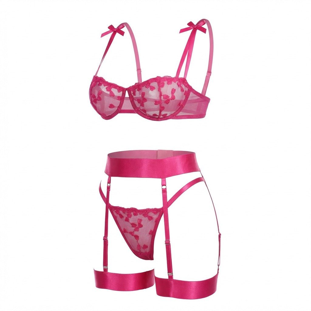 Embroidered Mesh Lingerie Set With Garter Belt