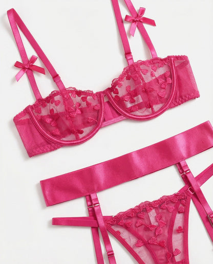 Embroidered Mesh Lingerie Set With Garter Belt