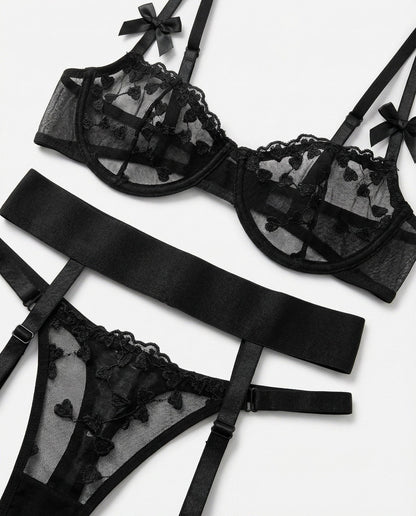 Embroidered Mesh Lingerie Set With Garter Belt