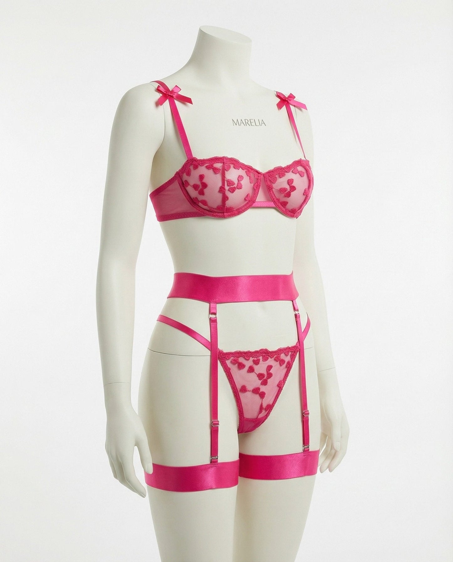Embroidered Mesh Lingerie Set With Garter Belt