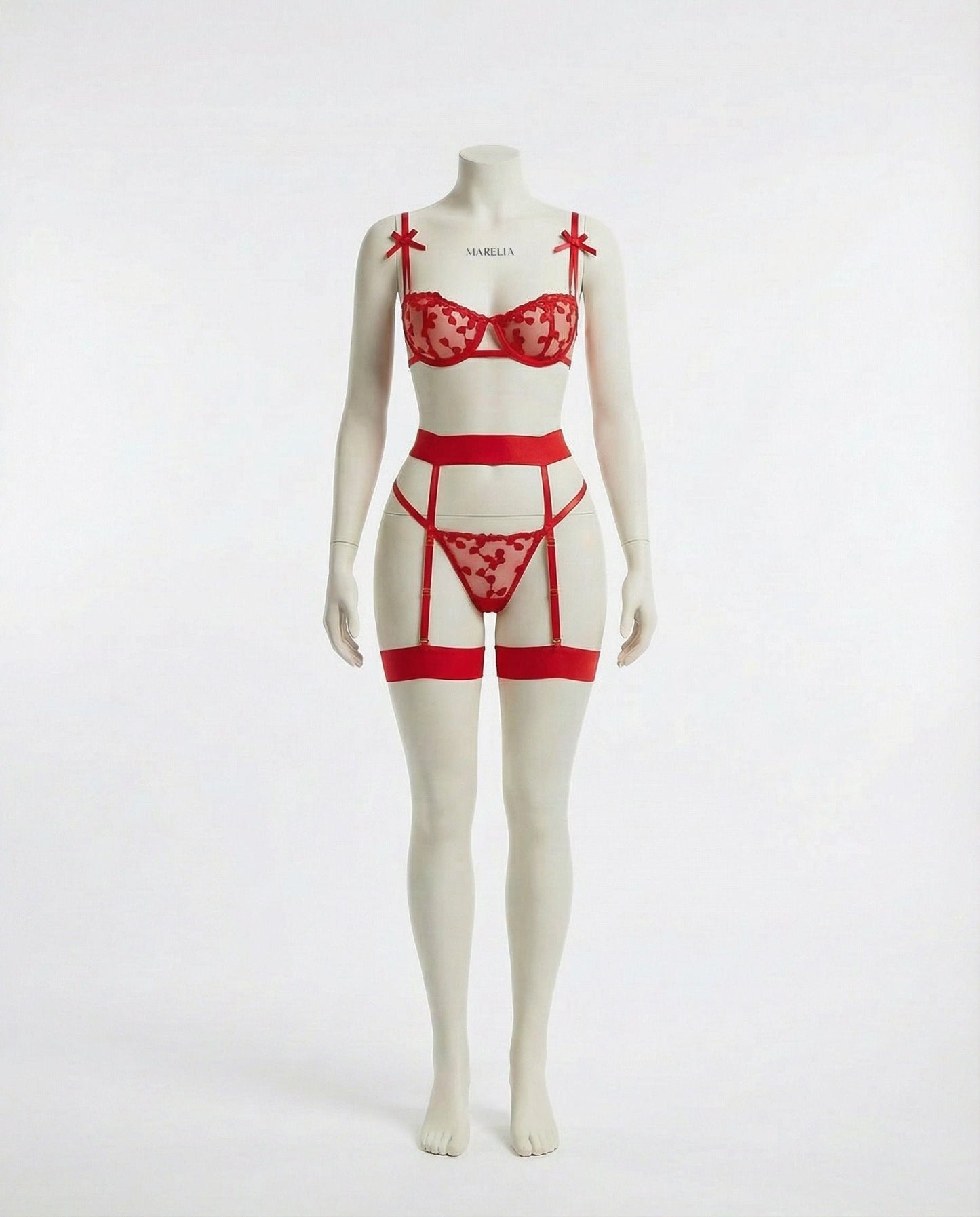 Embroidered Mesh Lingerie Set With Garter Belt