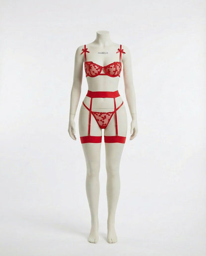 Embroidered Mesh Lingerie Set With Garter Belt