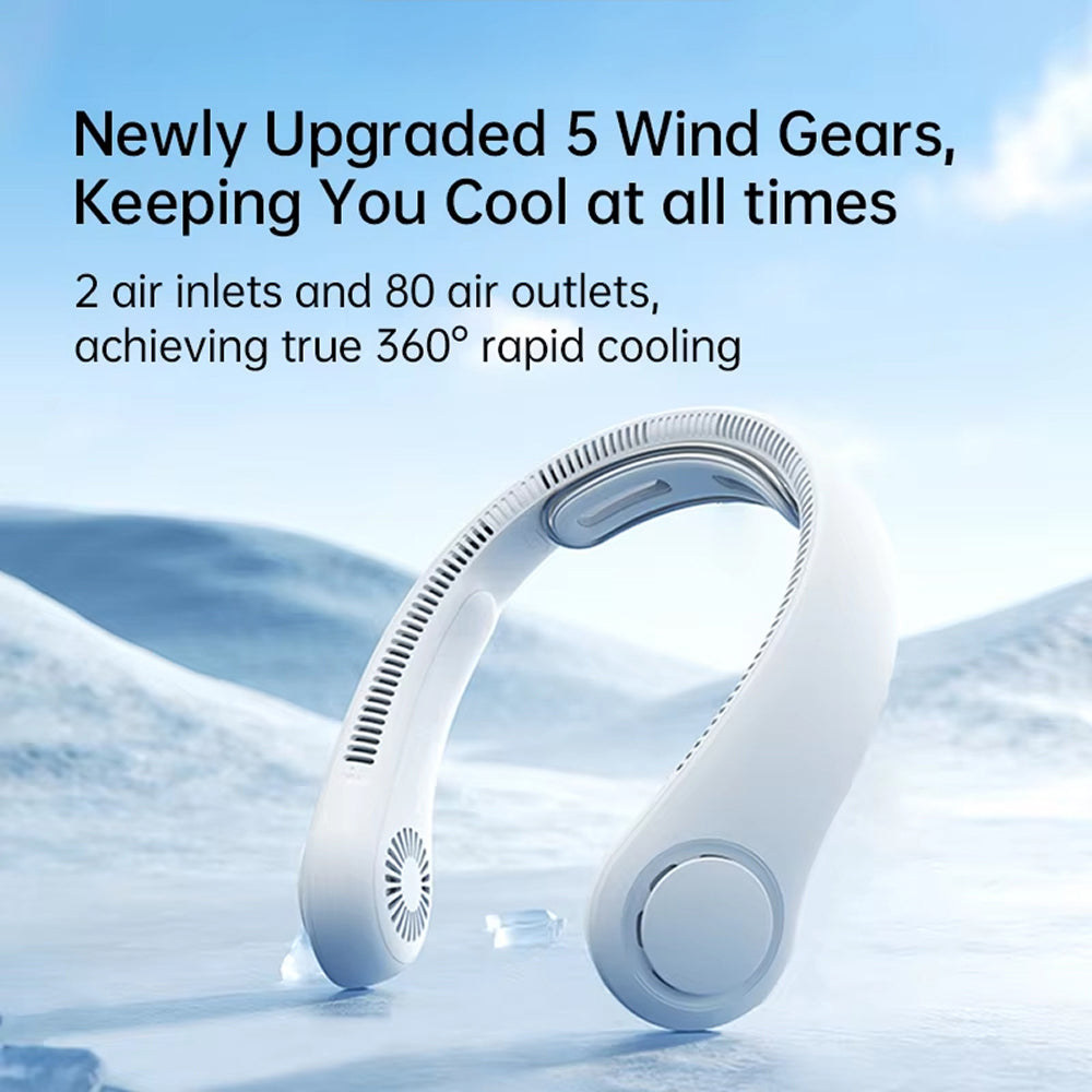 5-Speed Bladeless Neck Fan – 5000mAh Battery, 360° Cooling & 16.5H Long Runtime
