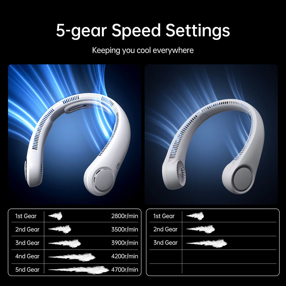 5-Speed Bladeless Neck Fan – 5000mAh Battery, 360° Cooling & 16.5H Long Runtime
