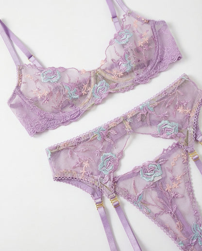 Floral Embroidered Bra Suspender Belt And G-String Set