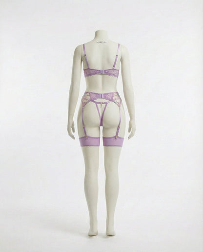 Floral Embroidered Bra Suspender Belt And G-String Set