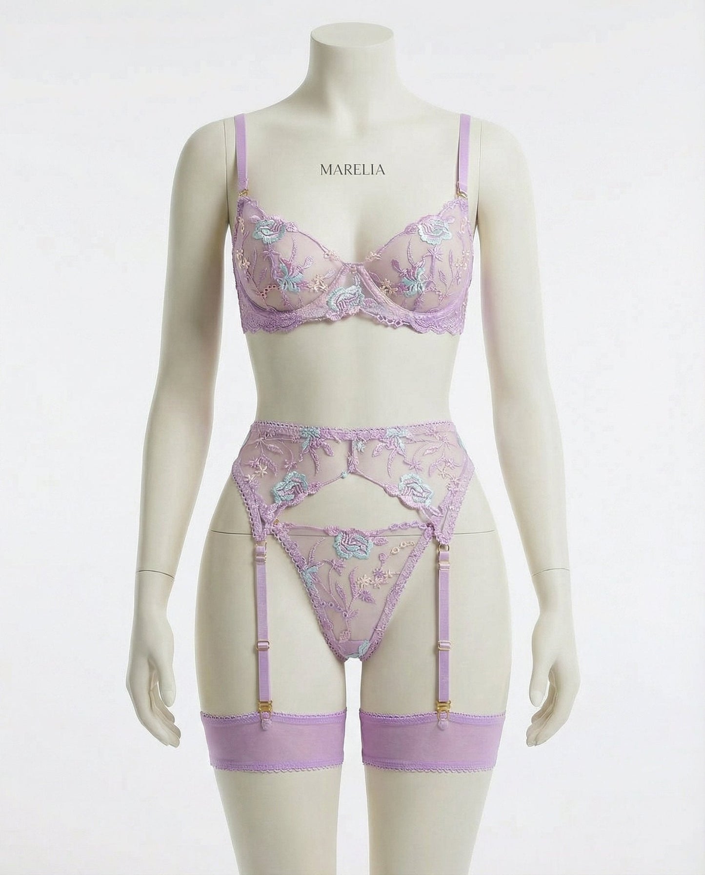 Floral Embroidered Bra Suspender Belt And G-String Set