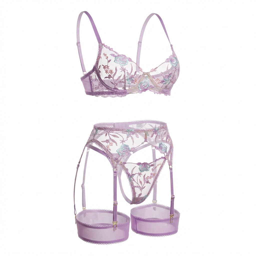 Floral Embroidered Bra Suspender Belt And G-String Set