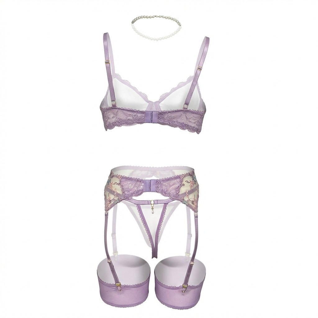 Floral Embroidered Bra Suspender Belt And G-String Set