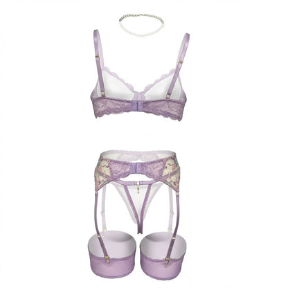 Floral Embroidered Bra Suspender Belt And G-String Set