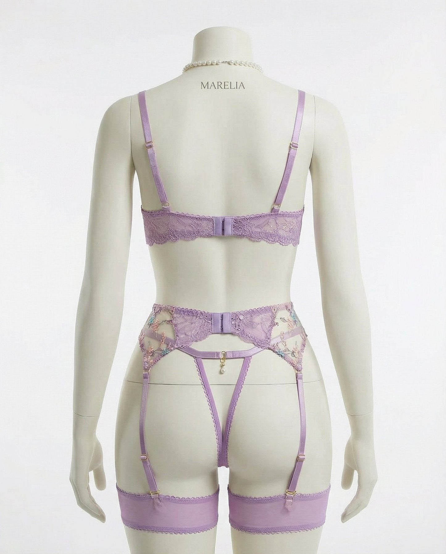 Floral Embroidered Bra Suspender Belt And G-String Set